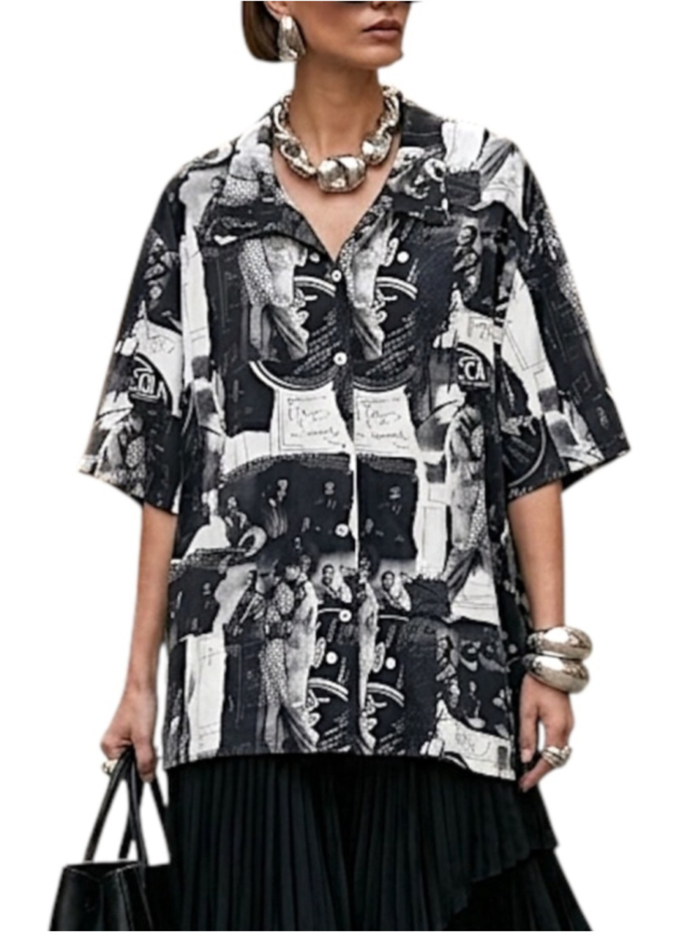 Vintage 90s black white jazz print boxy oversized short sleeve top blouse 20